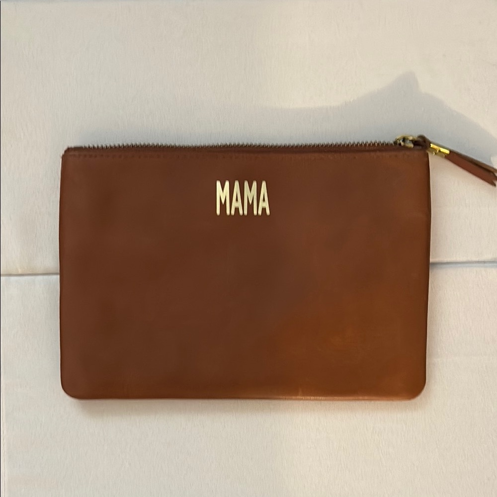 NWT Madewell Brown Leather Clutch with Gold 'MAMA' Detail